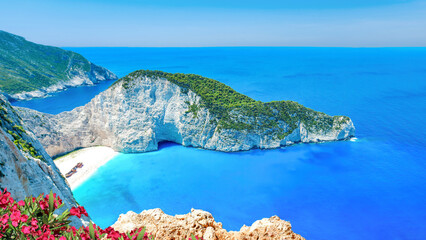 Fototapeta na wymiar Zakynthos off the southwest coast of Greece is one of the country’s quieter islands. However it has one particularly incredible highlight called Navagio Beach (also known as Shipwreck Beach) 