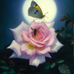 Fototapeta na wymiar Flower and Butterfly in the moonlight
