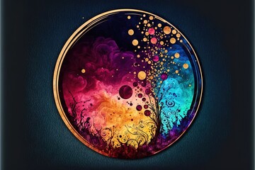  a colorful circular painting with a tree in the center of it and a blue background with a gold border around it and a black background with a gold border with a blue border and a. Generative AI