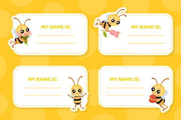 Cute Honey Bee Tags Design with Busy Insect Vector Template