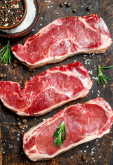 Raw marbled beef steaks with rosemary.