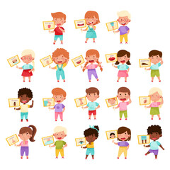 Happy Children Showing Cards with Body Part Vector Set