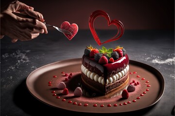  a heart shaped cake with strawberries and chocolate on a plate with a knife and fork in it and a person cutting a heart shaped cake with a knife and a heart shaped knife above. Generative AI - obrazy, fototapety, plakaty