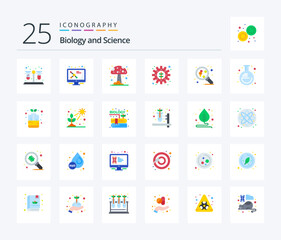 Biology 25 Flat Color icon pack including science. molecule. mushroom. molecular. plant