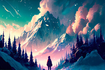 Person standing in front of snowy colorful mountain with forest and clouds by AI. Magic, calmness and anime style.