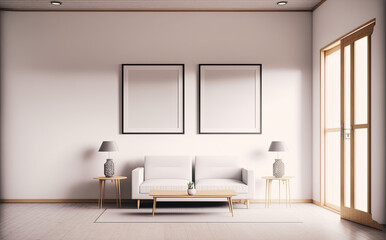 Fototapeta na wymiar Two Art Frames Above A Cozy Couch In A Modern Living Room. Bright Light, Art Frame Mockup. Generative AI
