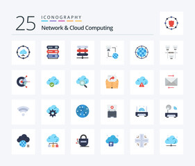 Network And Cloud Computing 25 Flat Color icon pack including internet. technology. technology. network. global