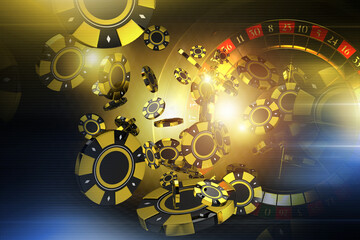 Casino Roulette and Gaming Chips Blow Out Concept 3D Illustration