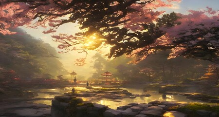 幻想的な春の神社と桜の風景_36