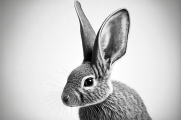 a black and white photo of a rabbit's head and ears, with a white background and a gray background behind it, with a black and white background, black and white photo of a. Generative AI