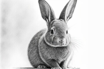 Obraz premium a drawing of a rabbit sitting on a table with its eyes closed and ears up, looking straight ahead, with a white background behind it is a black and white background with a gray. Generative AI