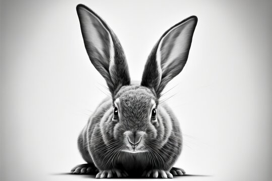  a black and white photo of a rabbit's face and ears, with a light background behind it, with a shadow of the rabbit's head and the rabbit's tail. Generative AI