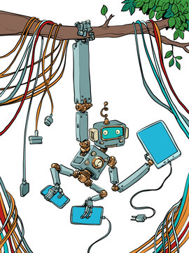 A robot monkey hangs on a tree branch while it is surrounded by a lot of technology. Synthesis of technological development and environmental agenda.