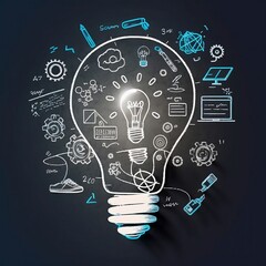 Balck, white, blue chalboard lightbulb with learning icons for study knowledge to creative thinking idea and problem solving solution concept. New ideas, education, ai, generative.
