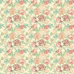 Flower pattern with outline roses on yellow background