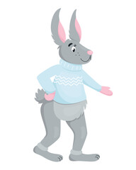 Obraz na płótnie Canvas Vector illustration of funny cartoon Bunny in a knitted sweater. Cute gray rabbit in a light blue sweater. Vector illustration in flat style isolated on white background.