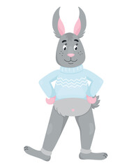 Vector illustration of funny cartoon Bunny in a knitted sweater. Cute gray rabbit in a light blue sweater. Vector illustration in flat style isolated on white background.
