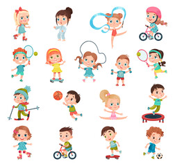 Obraz na płótnie Canvas Kids Practicing Different Sports and Physical Activities In Education Class Gym and Outdoors Vector Set
