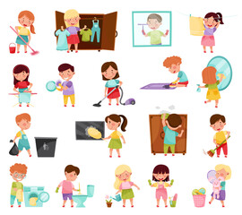 Kid Characters Cleaning Room and Doing Household Chores Vector Illustration Set