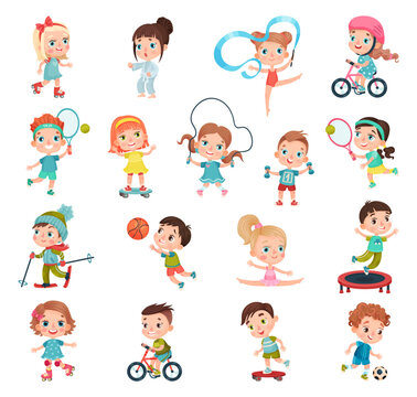 Kids Practicing Different Sports and Physical Activities In Education Class Gym and Outdoors Vector Set