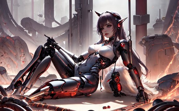 anime style a beautiful android sitting in debris destroyed structure