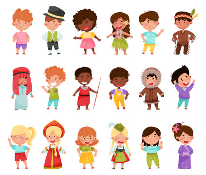 Kids Wearing National Costumes of Different Countries Vector Illustration Set