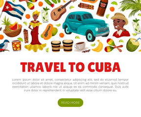 Cuba Travel Banner Design with National Symbol and Attributes Vector Template