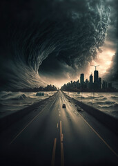 Obraz na płótnie Canvas Giant tidal wave falling over a futuristic skyline. Stormy post apocalypse city. End of the world. City destruction. Water destruction. Stormy weather.
