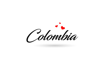 Fototapeta na wymiar Colombia name country word with three red love heart. Creative typography logo icon design