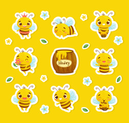 Cute Honey Bee Sticker with Busy Insect and Natural Sweet Food in Pot Vector Set