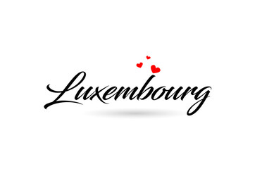 Fototapeta na wymiar Luxembourg name country word with three red love heart. Creative typography logo icon design
