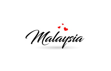 Malaysia name country word with three red love heart. Creative typography logo icon design