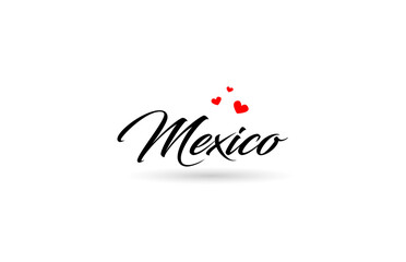 Mexico name country word with three red love heart. Creative typography logo icon design