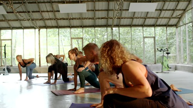 Group of adult students following their teacher during a yoga class in a studio