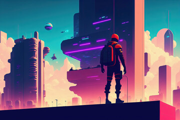 a  Adventurer  with a bag pack standing on a rooftop watching a futuristic city with flying vehicles at evening sunset, vector illustration 

