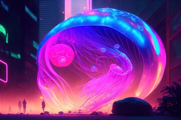 flying glowing jelly fish in a futuristic city at night in synth-wave color scheme
