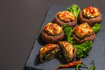 Baked stuffed mushroom caps ready for eating. Champignons, spices, vegetables, cheese