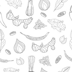 Seamless vector pattern of different black line hand drawn Thai spices on white background