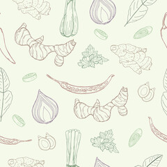 Seamless vector pattern of line hand drawn Thai spices on light green background