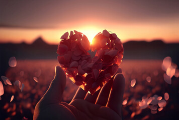 Valentine's Day. A heart of rose petals in hand. A beautiful sunset in the background. Generative AI.
