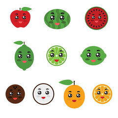 Set of cute kawaii fruits. Whole and cut fruits like kawaii characters. Fruits are apple, watermelon, lemon, lime, coconut, orange. Piece of fruit. White background. Isolated.