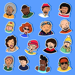 Collection of various hand drawn doodle stickers with people - children, teens, adults, seniors. Labels with cartoon characters with different emotions. Set of badges, patches with human portraits