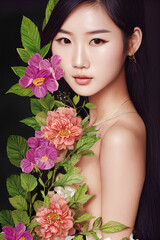 Portrait of a naked young asian woman with flowers. Generative AI