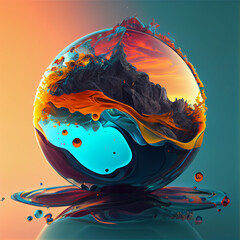 Captivating piece features a fluidic sphere, or "blob" prompt: liquid world, Generative AI, Generative, AI