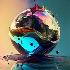Captivating piece features a fluidic sphere, or "blob" prompt: liquid world, Generative AI, Generative, AI