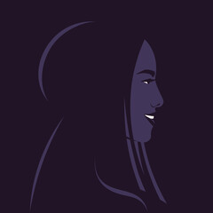 The head of an Asian woman in profile. The happy face of a teenager. Avatar for social media. Vector flat illustration