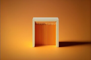  a small orange object with a white frame on a yellow background with a shadow of a rectangle on the floor and a light from the top of the box on the floor, with a shadow. Generative AI