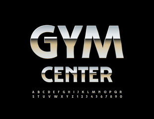 Vector steel Emblem Gym Center. Metallic creative Font. Trendy Silver Alphabet Letters and Numbers set. 