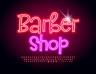 Vector neon Sign Barber Shop. Glowing Creative Font. Funny handwritten Alphabet Letters and Numbers set
