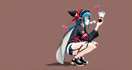 anime - style girl with blue hair and a witch hat